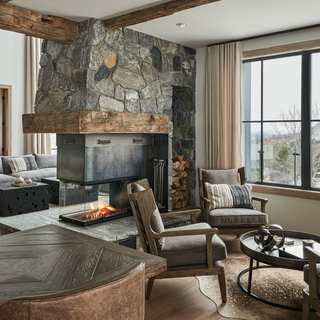 stone fireplace with wood accents