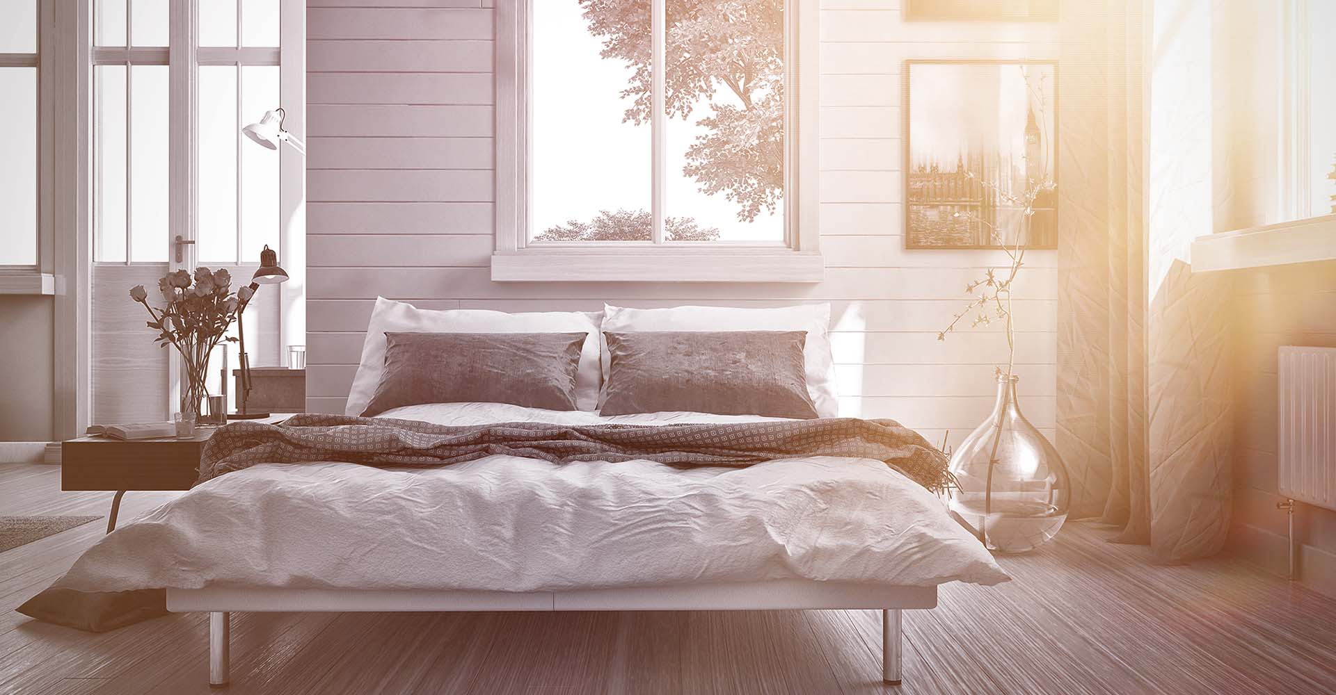 Cozy guest room with large windows